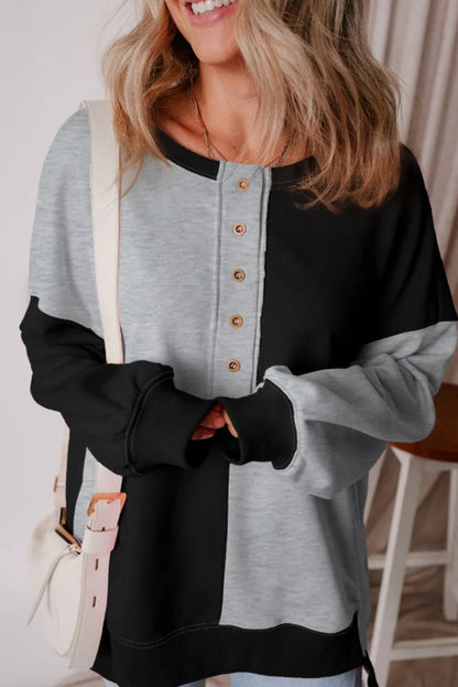 Color Block Half Button Long Sleeve Sweatshirt - -