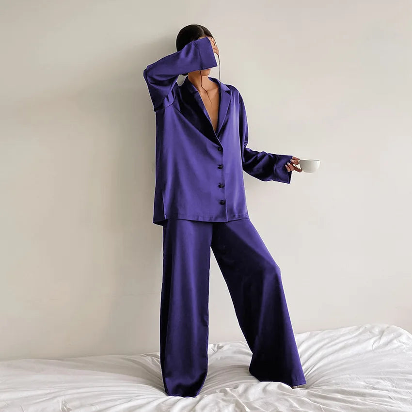 Oversized Satin Low Cut Pajama Single-Breasted Long Sleeve Wide Leg Pants