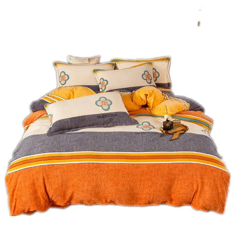 Yellow Stripes Flannel Bedding Set Comforter Cover 4 in 1 Bedsheet