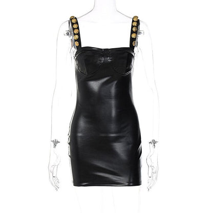 Elegant Sleeveless PU Leather Mini Dress - - dress