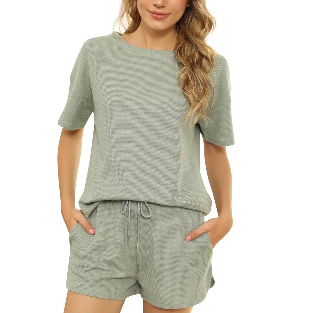 Loungewear Sets Waffle Solid Two Piece Casual Home Wear Shorts Sets T Shirt