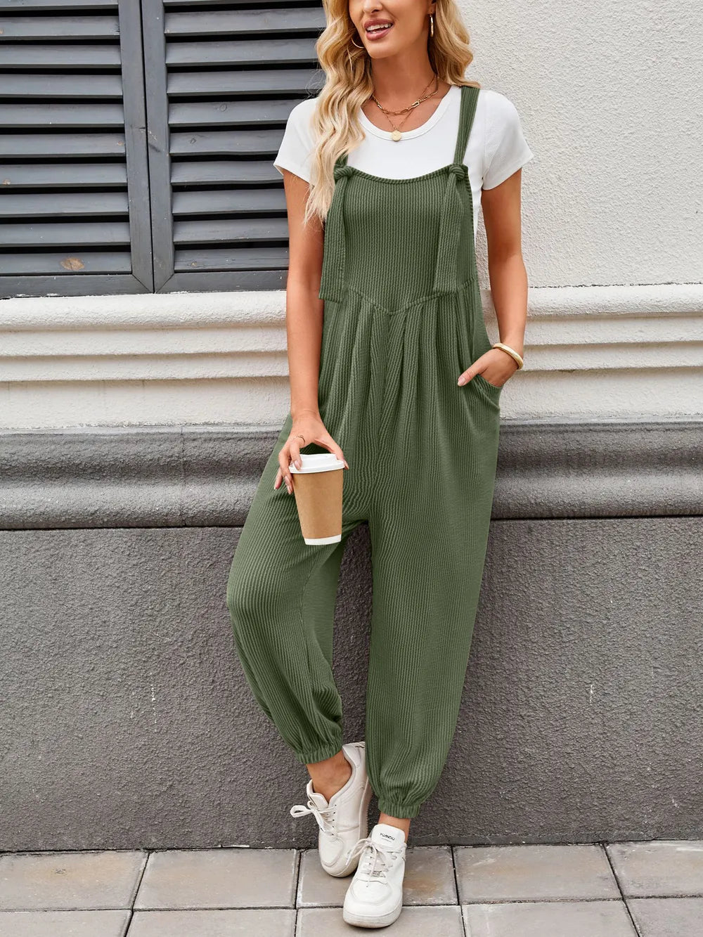 Lovelet Knotted Strap Overalls with Pockets - Dark Green -