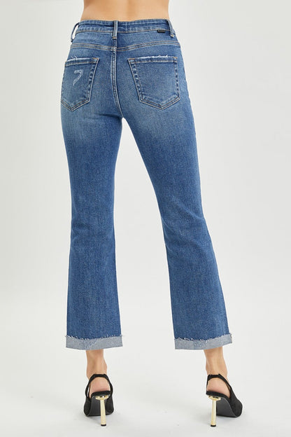 RISEN Button Fly Flared Leg Blue Denim Cropped Jeans - - jeans