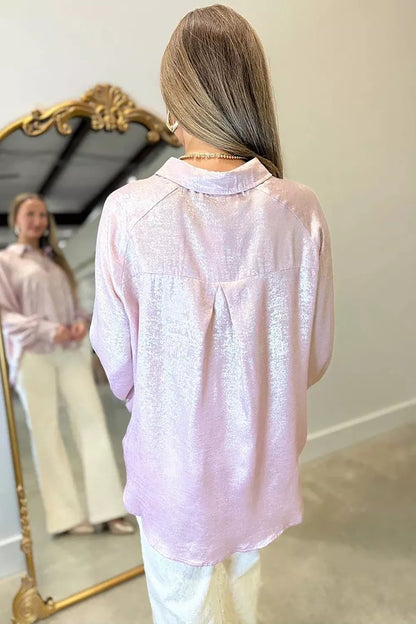 Long Sleeve Button Front Ruffle Cuffs Back Paneling Shirt - -