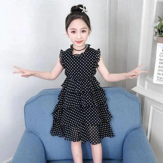 Sleeveless Girls Polka Dot Pleated Dress black