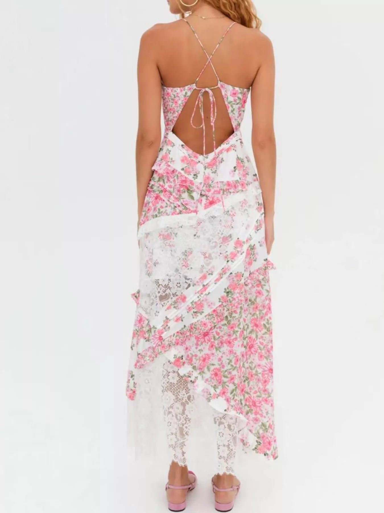 Lace Floral Print Ruffle Trim Maxi Dress - -