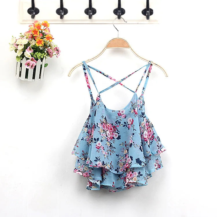 Floral Print Tank Top Summer Style Spaghetti Strap Casual Tops Double Chiffon