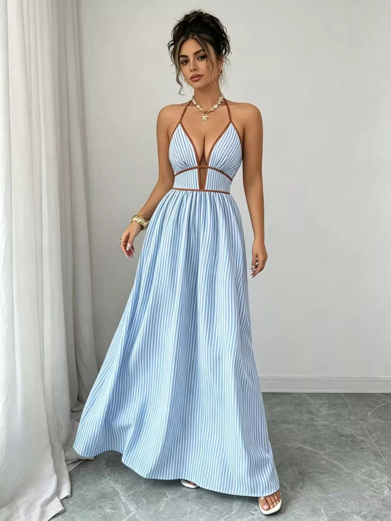 Striped Halter Neck Maxi Dress - -