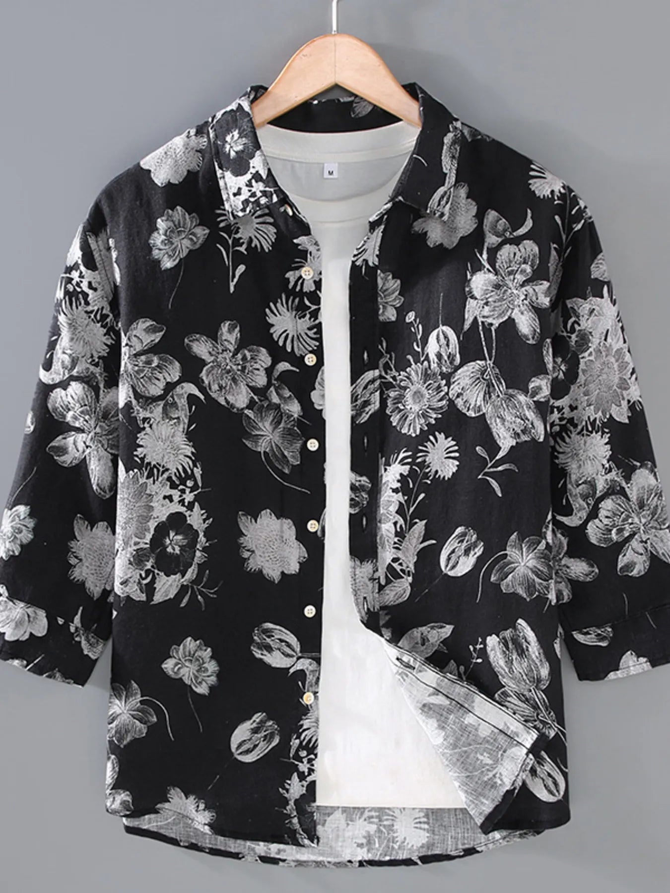 Men's Plus Size Printed Button Up Long Sleeve Shirt - Black -