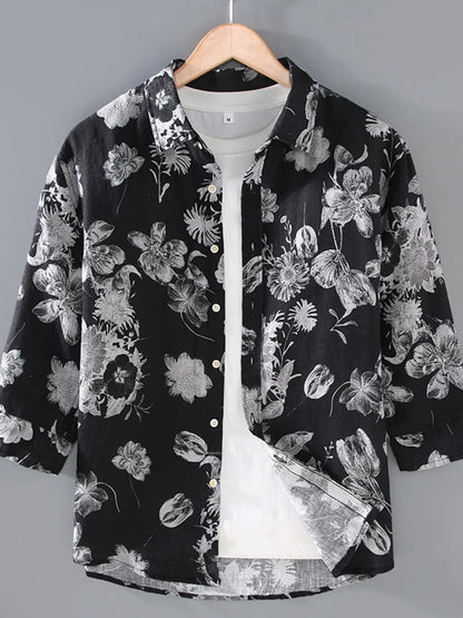 Men's Plus Size Printed Button Up Long Sleeve Shirt - Black -