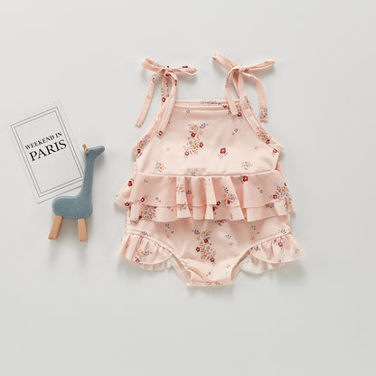 Cute Lemon Floral Ruffled One-Piece Swimsuit - Pink Sling 73cm - baby swimsuit
