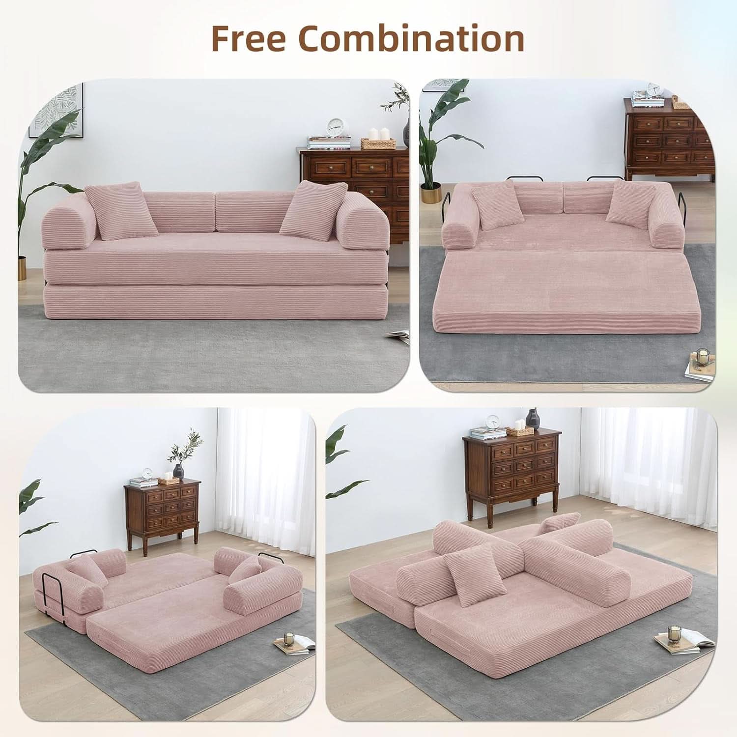 Transformable Sofa Bed QueenSize Pink Folding Frame- ShipItFurniture- {{Product type}}
