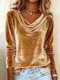 Velvet Cowl Neck Long Sleeve Top - Gold -