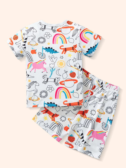 Children's Cartoon Print Round Neck Tee and Shorts Set - -