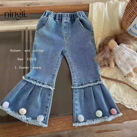 Girl Jeans Loose Elastic Waist Flare Pant for 1-8 Years