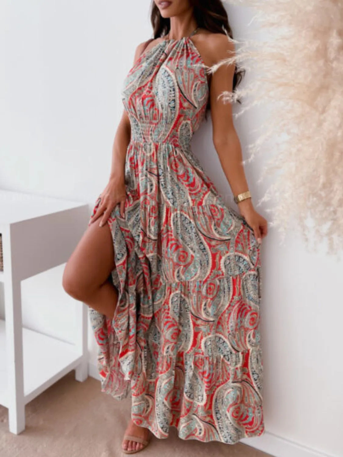 Printed Halter Neck Maxi Dress - -