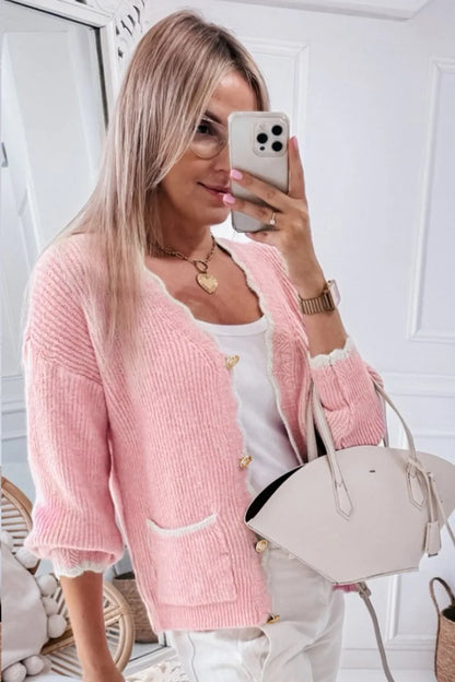 Contrast Trim V-Neck Long Sleeve Cardigan - -