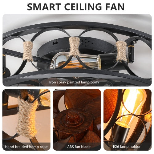 Black Cage Ceiling Fan With Light Remote Control 6 Speed - - fan
