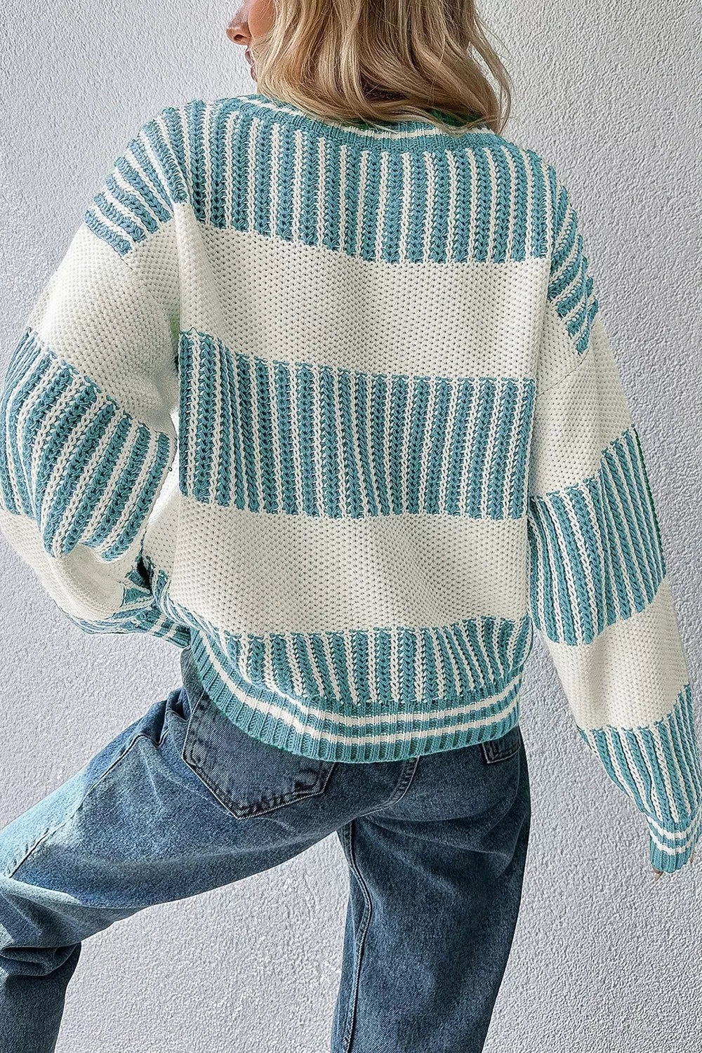 Two Tone Striped Patchwork Drop Shoulder Loose Sweater - -