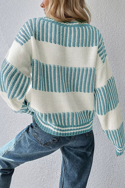 Two Tone Striped Patchwork Drop Shoulder Loose Sweater - -