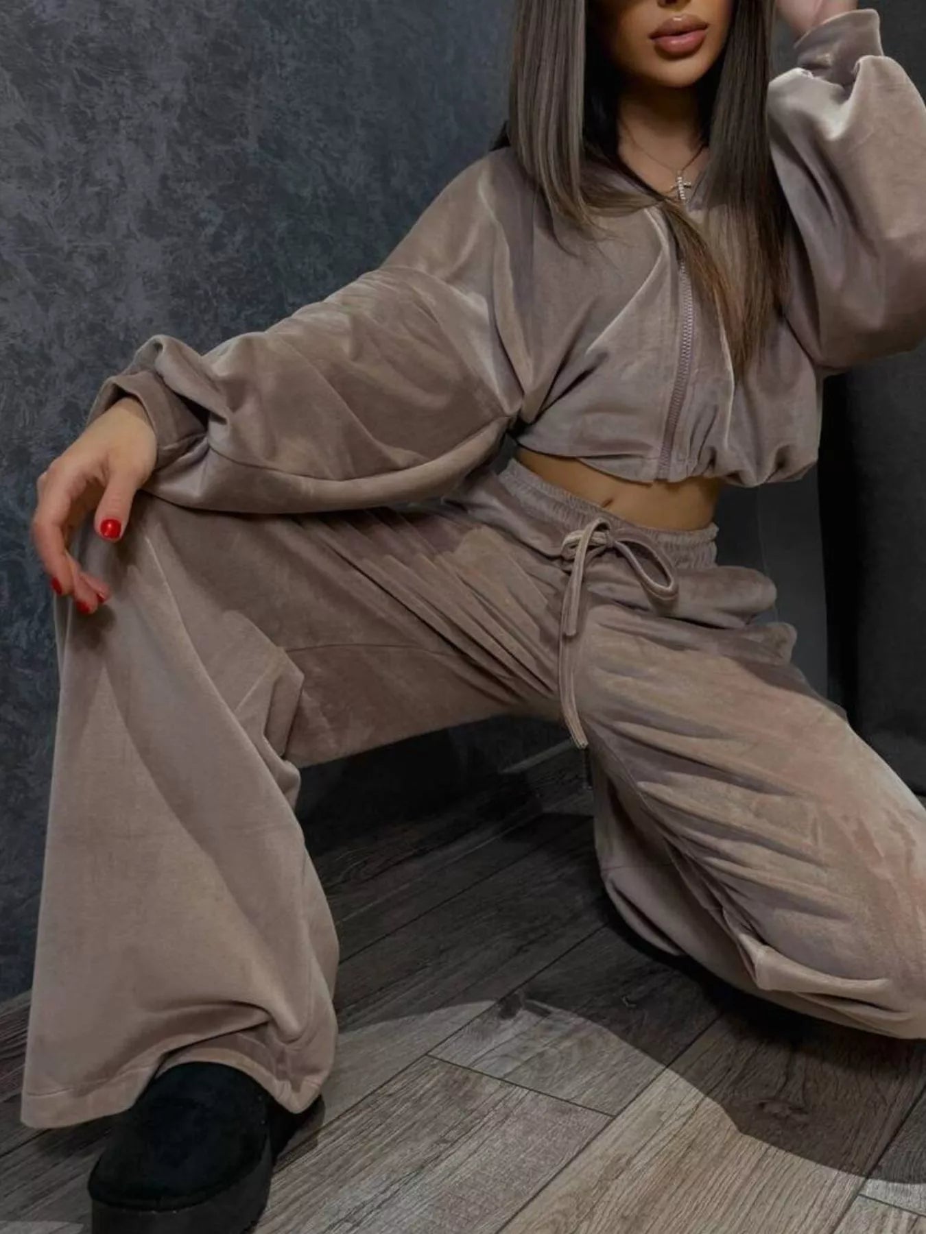 Zip Up Cropped Outerwear and Pants Set - -