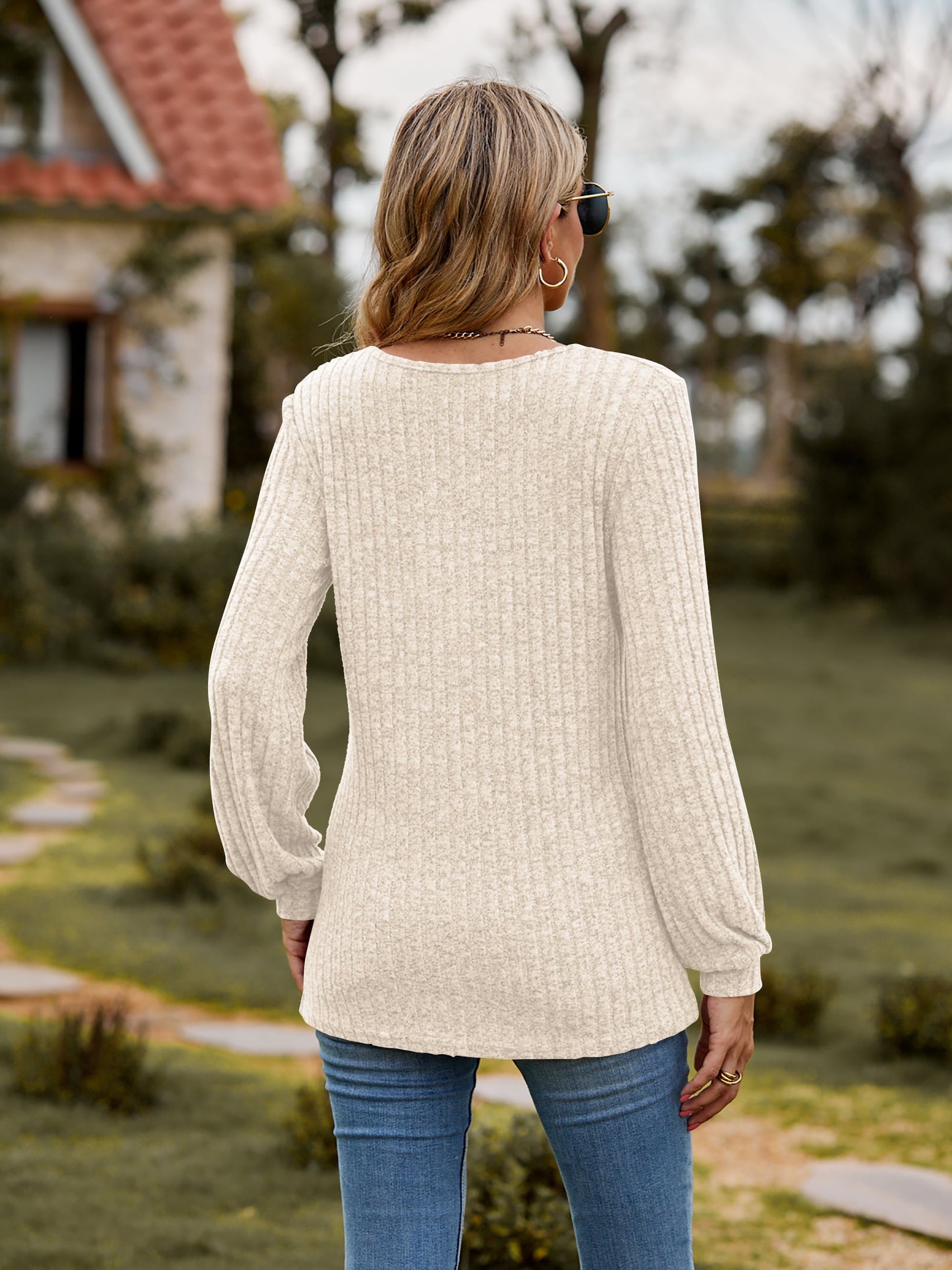 Round Neck Button-Down Long Sleeve Tee - -