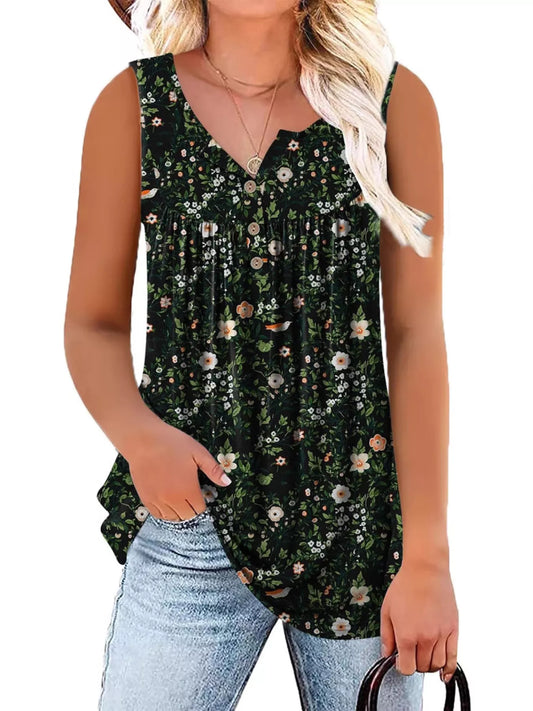 Full Size Floral Print Button Detail Tank Plus Size - Black - Women's Fashion - Women's Clothing - Tops & Tees - Tank Tops