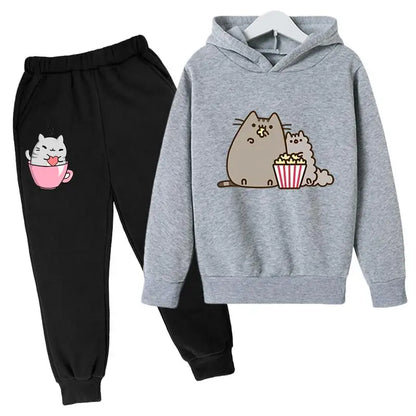 Cat Print Hoodie Clothing Sets grey black