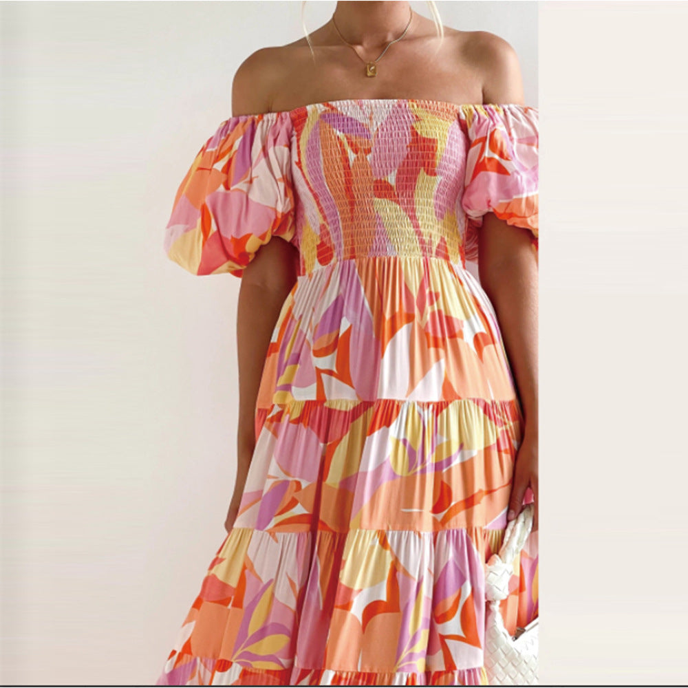 Floral-Print Off-Shoulder Loose Dress for Women - Tender green flowers S - dress