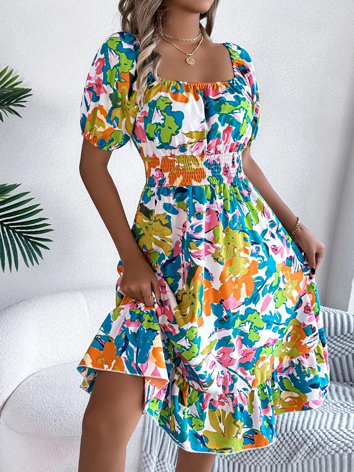 Ruffled Hem Smocked Floral Short Sleeve Midi Dress - -