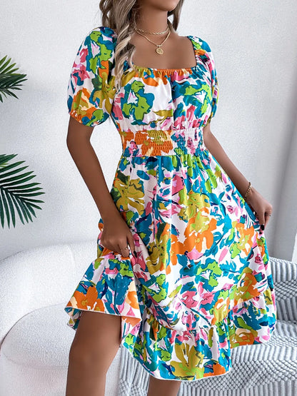 Ruffled Hem Smocked Floral Short Sleeve Midi Dress - -