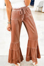 Straw Yellow Mineral Wash Lace-up High Waist Tiered Bell Bottom Pants - Straw Yellow 95%Polyester+5%Elastane - Bottoms/Pants & Culotte