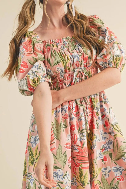 Floral Smocked Square Neck Puff Short Sleeve Midi Dress - -