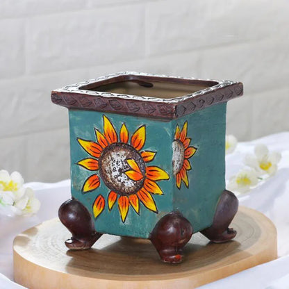 Korean-Style Hand-Painted Floral Ceramic Pot – Succulent & Bonsai Planter - 11.3x10.1x13.2cm - Planter