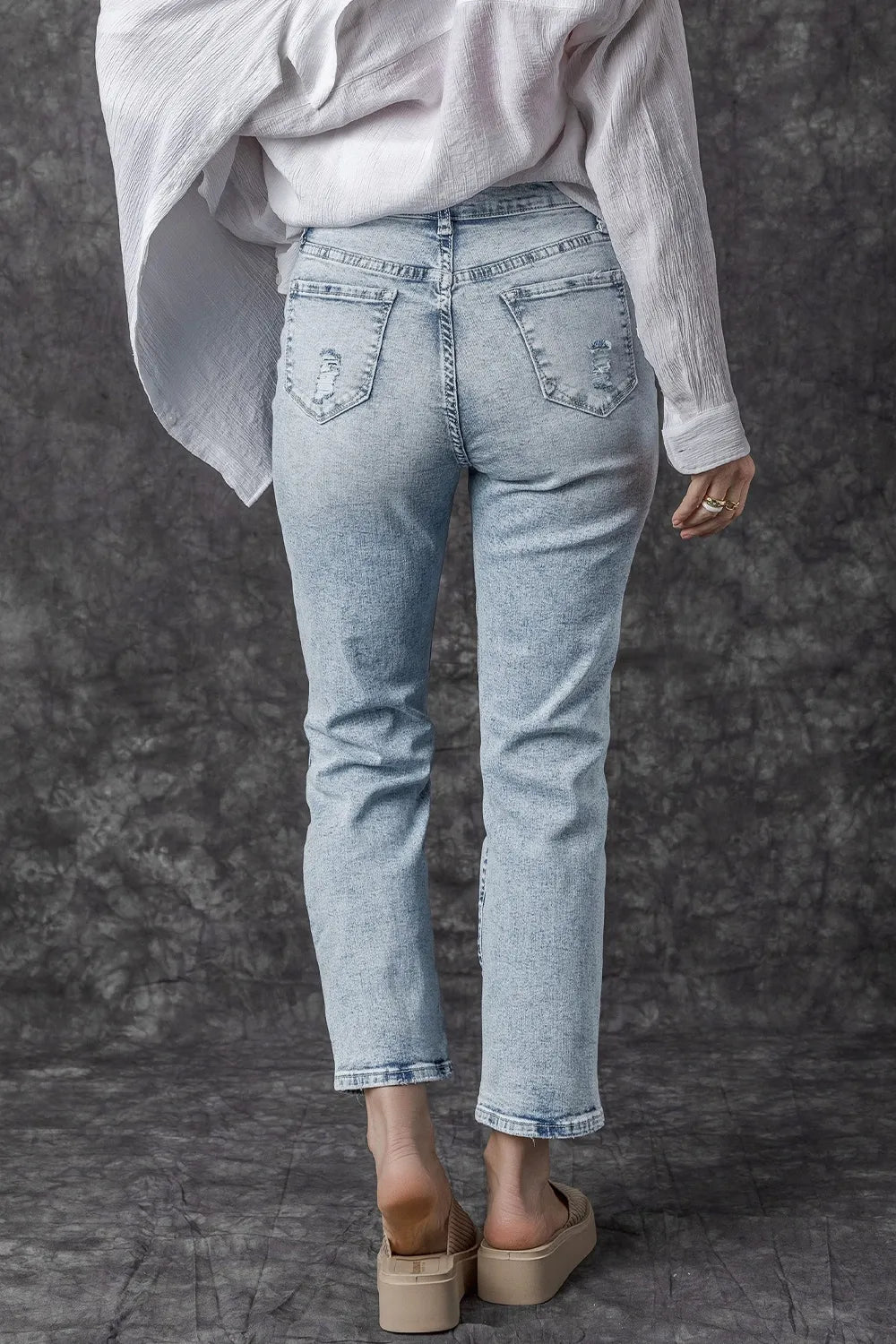 Distressed High Waist Jeans - -