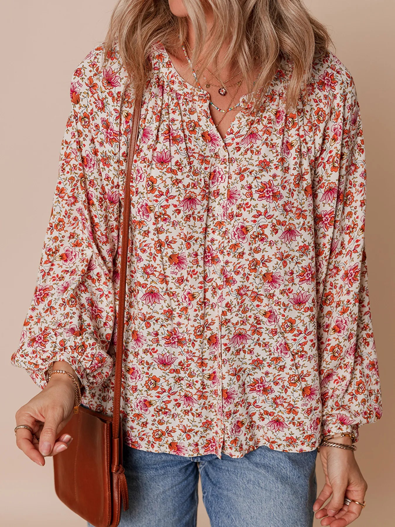 Floral Long Sleeve Button Down Blouse - -