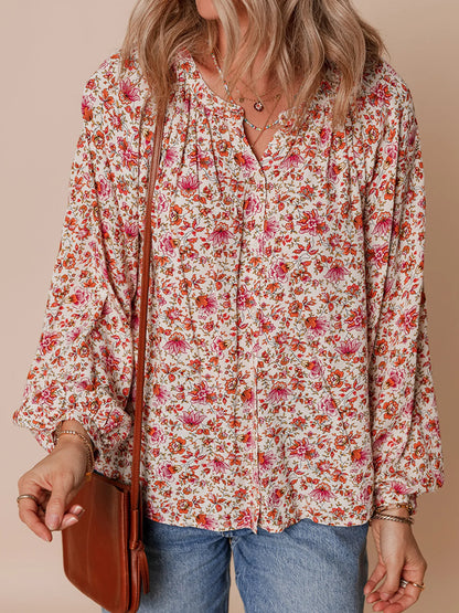 Floral Long Sleeve Button Down Blouse - -