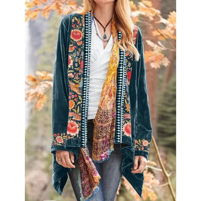 Women Velvet Jacket Floral Printed Vintage Open Front Long Sleeve Irregular Coat