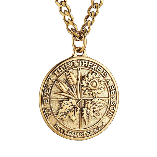 HZMAN Coin Necklace Mens Stainless Steel Necklace Pendant Retro Ecclesiastes Bible Verse Round Medal Necklace Jewelry Gift (Gold) Kia Day Design