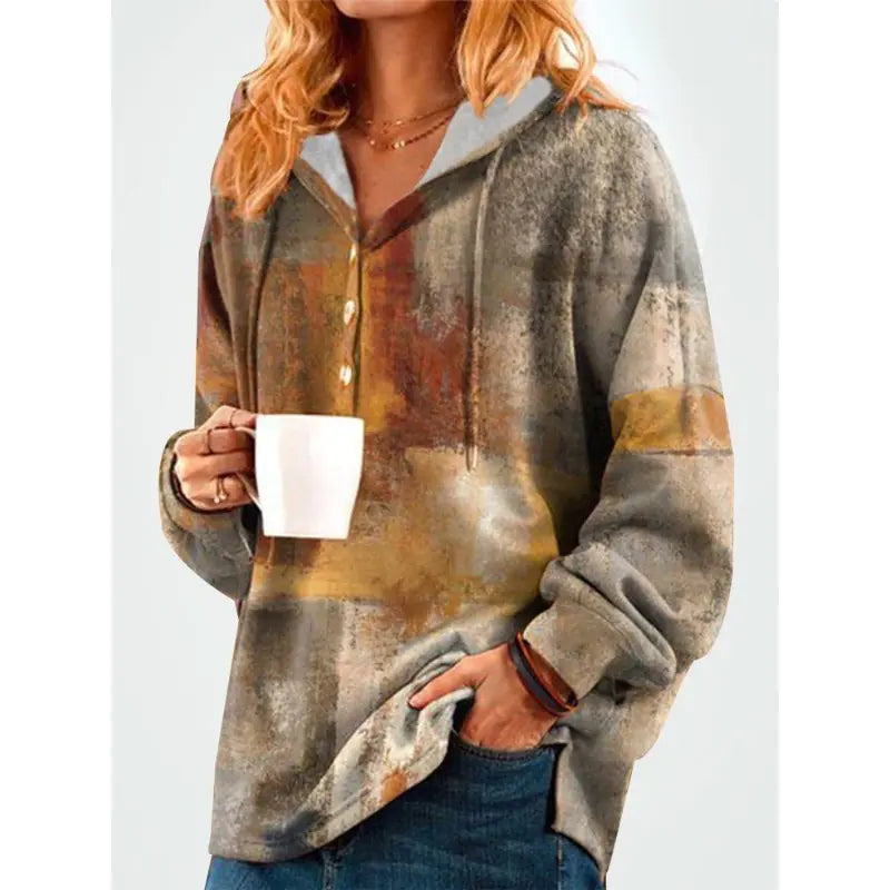 Elegant Long Sleeve Button Hooded Shirt Sweatshirt for Women - Kia Day Design