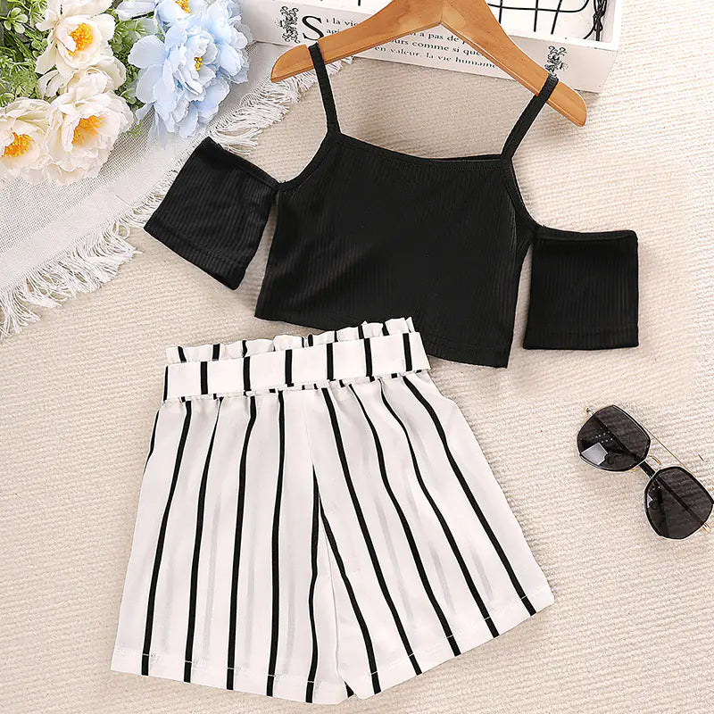 Girls Summer Casual Off-Shoulder Set with Striped Shorts - - toddler outfit