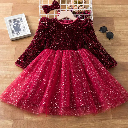 Spring Sequin Girls Dress dark red red 4T (110)