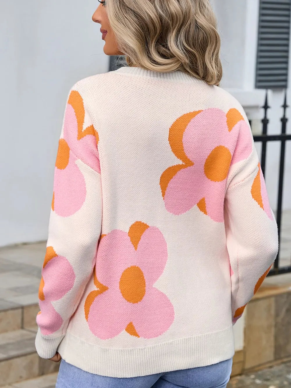 Angel Wings Flower Round Neck Long Sleeve Sweater - -