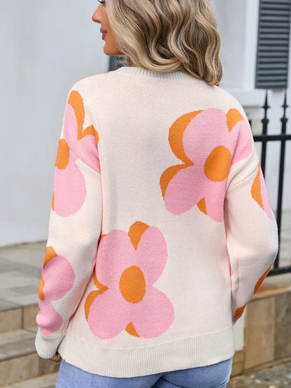 Angel Wings Flower Round Neck Long Sleeve Sweater - -