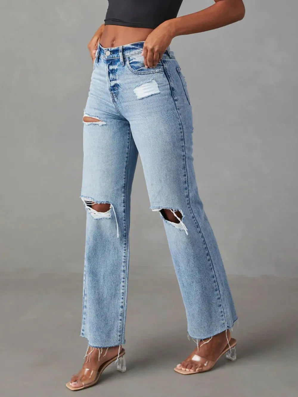 Distressed Straight Leg Jeans with Pockets - -