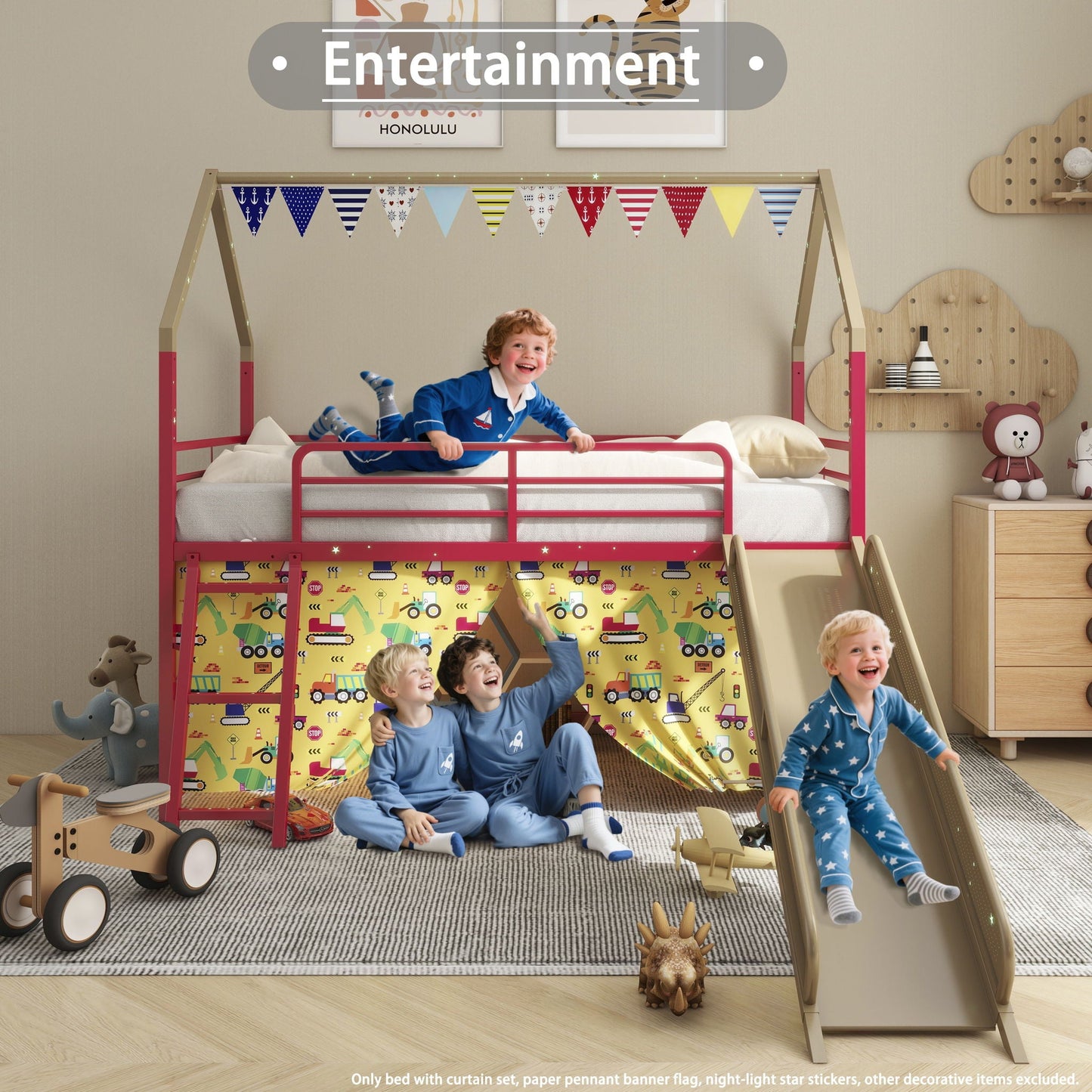 Jack - House Loft Bed With Slide And Curtain Set- HouseOfZazla- {{Product type}}