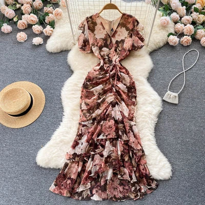 Floral Mermaid Maxi Dress Chiffon Short Sleeve Long Dress