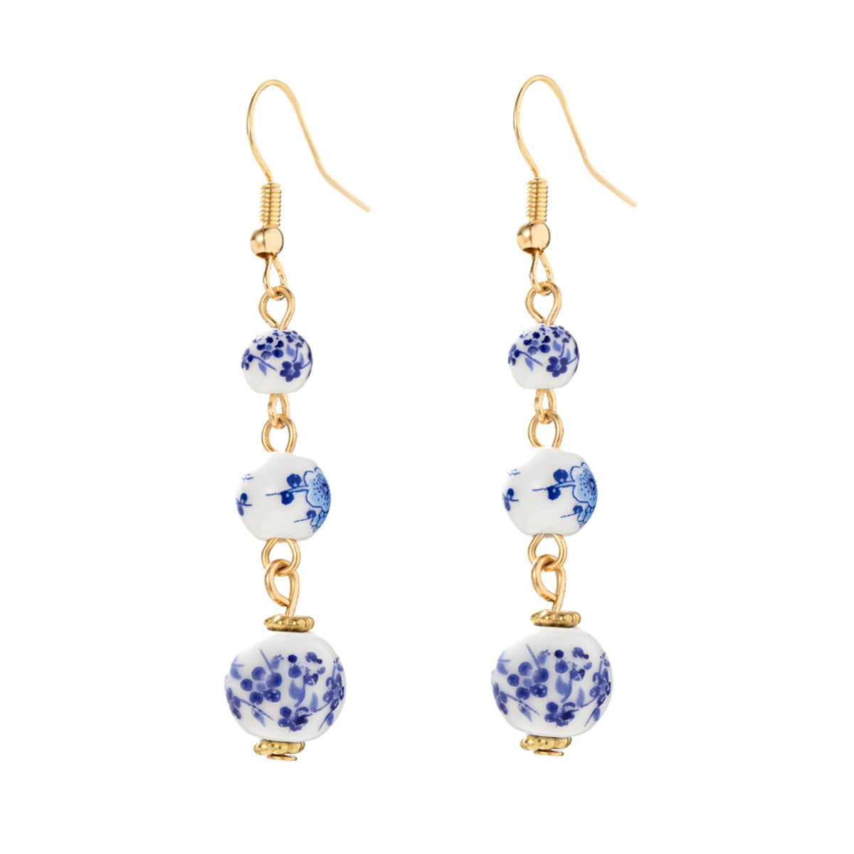 Blue and White Porcelain Bead Long Dangle Earrings - - Earrings