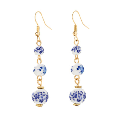 Blue and White Porcelain Bead Long Dangle Earrings - - Earrings