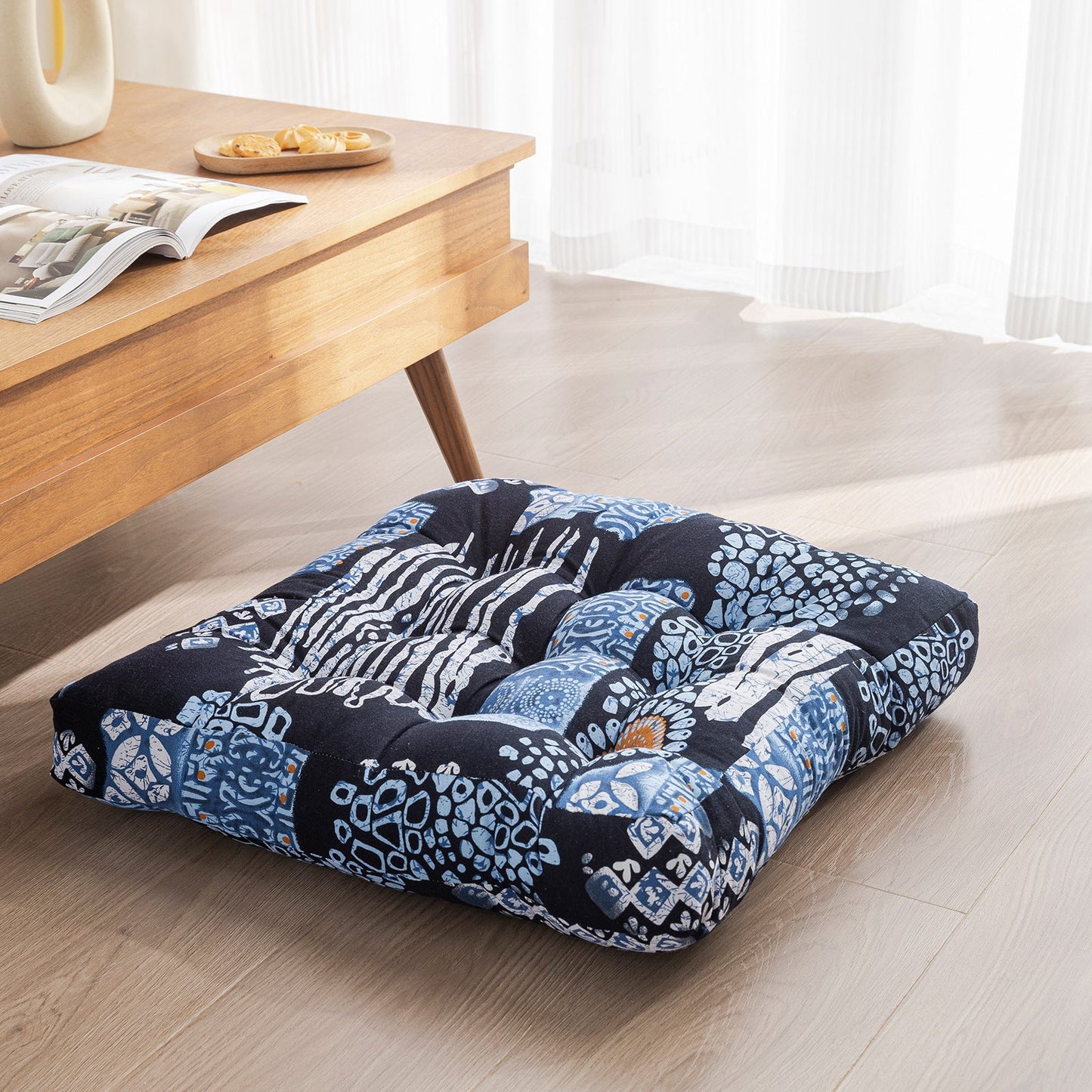 Japanese-Style Cotton Futon Floor Cushion (Round or Square) - Square 6 Style - Floor Cushion